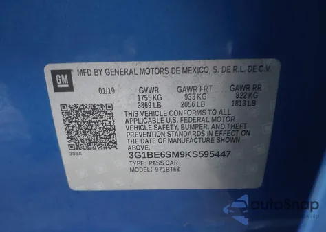 2019 Chevrolet Cruze Lt z USA, uszkodzony, nr VIN 3G1BE6SM9KS595447